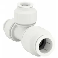 This polysulfone push-to-connect tube fitting is a plastic reducer configuration. It connects tubing of 3/4 in OD on one end and 1/2 in OD on the other two ends. Used in pneumatic, water, and low-pressure fluid systems for branching or reducing line sizes