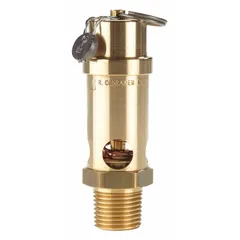 Soft seat pneumatic safety valve with 1/2 in (M)NPT inlet and 75 psi preset setting. Brass body with silicone soft seat and brass internal components. Used for overpressure protection in pneumatic systems such as air compressors and pneumatic controls.