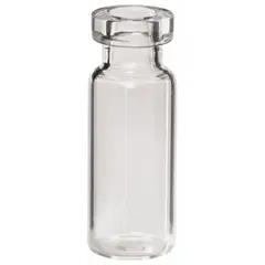 Colorless glass chromatography vial with a 2 mL capacity and 12 mm body diameter. Features a round bottom and self-standing design for use in autosampler trays and manual sample handling. Supplied without closure.