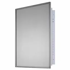 This mirrored medicine cabinet features a glass body with a bright annealed stainless steel frame in a silver finish. Overall dimensions are 16 inches wide by 22 inches high. Suitable for bathroom or medical facility storage, providing a reflective mirror and corrosion-resistant surface.