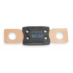 Two-hole bolt-on time-delay fuse rated 100 A at 32 V DC. Designed for high-current circuit protection in vehicles, marine systems, and industrial equipment, allowing temporary inrush currents without nuisance opening. Secure bolt-on mounting suitable for high-vibration environments.