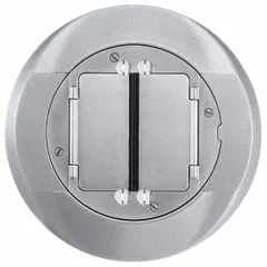 This round aluminum floor box cover in a silver smooth finish provides a flush-mount access point for power and data connections in commercial or industrial flooring systems. Designed for use with floor boxes, it offers a finished appearance and compatibility with carpet flanges.