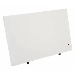 Portable flat panel electric heater with mechanical controls and overheat protection. Single heat setting delivers 170W (580 BtuH). White housing, dimensions 15 x 22 x 1 inches. Suitable for supplemental spot heating in offices or small rooms.