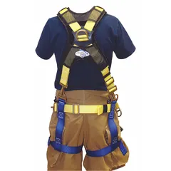 Full-body harness constructed with nylon webbing and aluminum hardware. Features a sliding back D-ring, front D-ring, and side D-rings with pass-through leg and shoulder strap buckles. Meets NFPA 1983-2012 57AF standards. Waist size range 44 to 56 inches. Color: Blue.
