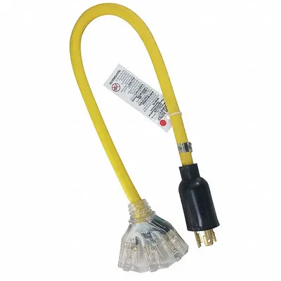 POWER FIRST Illuminated Cord Adapter: 2 ft Lg, 12 AWG, L5-20P Plug, 5-15R Receptacle - Twist-Lock Plug Extension Cord Adapters with Splitters
