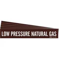 This adhesive pipe marker features a brown background with white legend text reading 'Low Pressure Natural Gas'. Designed to fit pipe outer diameters from 2-1/2 to 7-7/8 inches, it is sold in a 5-pack without arrows. Used for identifying low-pressure natural gas piping in industrial and commercial facilities.