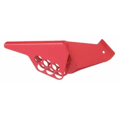 Wedge-type lockout device for securing quarter-turn ball valve handles in the closed position. Accommodates pipe sizes from 1-1/4 in to 3 in. Used in industrial lockout/tagout procedures to isolate energy sources during maintenance.
