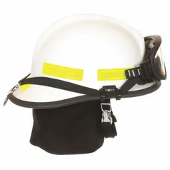 This white fiberglass fire helmet features a modern rear brim design. It includes a chin strap and suspension system for secure fit and impact protection. Suitable for structural firefighting and rescue operations.