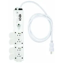 This healthcare power strip features 4 NEMA 5-15R outlets, a 6 ft cord with NEMA 5-15P plug, and a 15 A current rating. It is UL 60601-1 certified for use in patient care areas and mounts via screw. Suitable for powering medical equipment in hospitals and clinics.