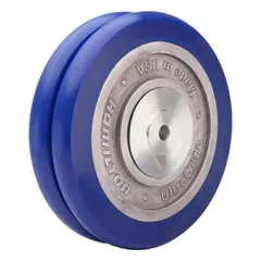 This wheel features an 8-inch diameter, 2-inch width, and a 1,520 lb load rating. The polyurethane tread on a steel core provides smooth rolling and floor protection. Suitable for heavy-duty material handling carts, platform trucks, and tow-line systems in industrial environments.