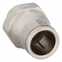 Nickel-plated brass tube fitting with push-to-connect and MBSPP male thread. Connects 12 mm OD tubing to 1/4 in BSPP port. Silver finish. Used in pneumatic and fluid systems for tool-free installation