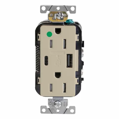 LEVITON Receptacle: Duplex, 5-15R, USB Type A/C, Ivory, 125V AC - Hospital-Grade Receptacles with USB Chargers