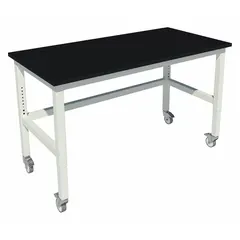 This adjustable-height lab table features a phenolic countertop in petal white with a height range of 30 to 36 inches. It is mounted on locking swivel casters for mobility and stability. Suitable for general laboratory and technical workstation use where chemical and moisture resistance is required.