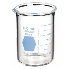 Low form glass beaker with 100 mL (3.38 fl oz) capacity, made from Type I borosilicate glass. Features a blue color coding for quick identification in laboratory settings. Suitable for mixing, heating, and measuring liquids in general lab work, educational environments, and quality control applications.