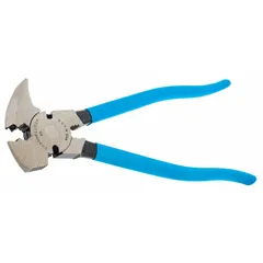 This fencing plier is designed for installing, tensioning, and cutting wire fencing. It features a serrated jaw that grips wire securely and a 7/32 in type for common fence staples. Overall length is 10 3/8 in with a jaw width of 3 in and a maximum jaw opening of 1 3/8 in.