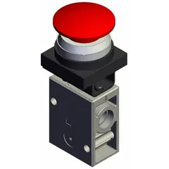 Manual air control valve with red mushroom button actuator, 3 ports, and 1/4 in NPT connections. Used for straightforward pneumatic actuation in industrial systems, providing clear visual and tactile control for start or emergency-stop functions.