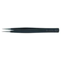 ESD-safe tweezers made of stainless steel with a smooth surface finish. Pointed, straight tip design for precise handling of small components. Suitable for electronics assembly, repair, and laboratory work where electrostatic discharge protection is required