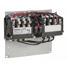 This Siemens reversing contactor is a NEMA Size 1-3/4 device with three poles and a continuous current rating of 40 A. It is dual-rated for 120/240 V AC coil voltage. Reversing contactors are used to control the forward and reverse rotation of three-phase AC motors in applications such as conveyors, hoists, and pumps.