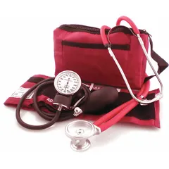 This adult blood pressure monitor kit includes a reusable nylon cuff and a Sprague Rappaport stethoscope with a dual-head chest piece. The gauge features no needle stop. Designed for manual arm-based blood pressure measurement in clinical or home settings.