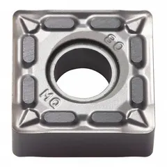 Square indexable turning insert made of PVD carbide. Used for general-purpose turning, facing, and profiling on steel, stainless steel, and cast iron in medium machining operations.