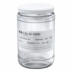 IKA Silicon Oil: 1,000 cps Viscosity is a liquid calibration standard supplied in a 500 mL clear glass jar. It has a 12-month shelf life and is used to verify and adjust the accuracy of rotational viscometers in laboratory and quality control settings.