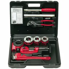 This ratcheting pipe threading kit includes three die heads and three dies with NPT threading and Super Cut technology, covering pipe sizes from 1/2 in to 1 in. It is used for manual threading of pipes in plumbing, HVAC, and industrial maintenance applications. The kit also includes 10 in Water Pump Pliers.