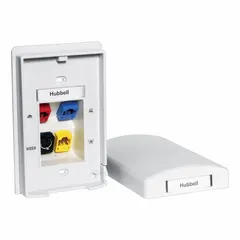 This 1-gang, 4-port tamper-resistant wall plate is made of plastic in Office White. It features a flat module style with vertical outlet orientation and is compatible with Keystone Jack Modules. Used for mounting and protecting keystone jacks in structured cabling systems.