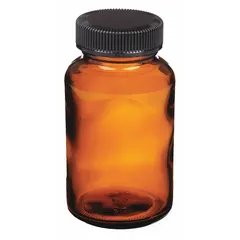 125 mL amber wide mouth glass bottle with 38-400 mm neck finish. Amber glass blocks UV light for storing light-sensitive chemicals and reagents. Phenolic closure with pulp/vinyl cap liner provides a secure seal for laboratory and industrial packaging applications.