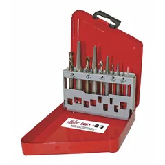 10-piece set including straight-flute extractors in sizes #1 through #5 and a 19/64 in drill bit. Covers bolt diameters from 1/4 in to 5/8 in and metric threads M3 to M15. Used for removing broken or stripped screws, bolts, and studs from metal, wood, or plastic in automotive repair, machinery maintenance, and general industrial applications.