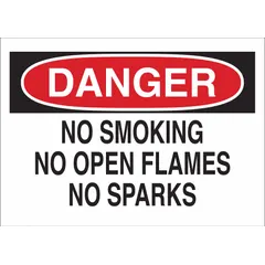 This adhesive-mounted danger sign is made of polyester and measures 3 1/2 inches by 5 inches. It is not retroreflective and does not have a glow-in-the-dark or anti-slip surface. The sign communicates a no smoking, no open flames, and no sparks warning, suitable for posting in areas with flammable materials or ignition hazards.