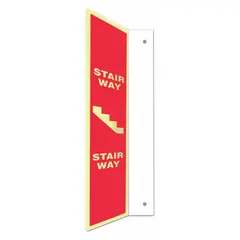 Glow-in-the-dark stair way sign with L-shape projection for low-light egress marking. Nominal size 24 in x 4 in, not retroreflective. Features mounting holes for secure installation on walls or stairwells in industrial facilities.