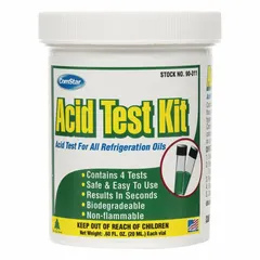 Acid test kit for onsite measurement of acid level in mineral oil lubricants. Includes four vials with color-change indication method. Non-flammable. Used in HVAC and refrigeration systems to monitor oil degradation.