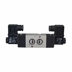 Double solenoid valve with NAMUR interface for direct mounting on pneumatic actuators. Features 4 ports with 1/4 in NPT inlet and outlet, 24V DC operation, and DIN solenoid connector. Suitable for industrial automation and process control applications requiring reliable pneumatic actuation.