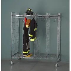 Mobile turnout gear rack with two sides and eight compartments. Constructed from zinc chromate with a chrome finish. Measures 72 inches in length. Designed for organized storage and air drying of turnout gear in fire stations and emergency response facilities.