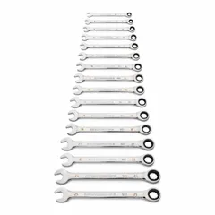 This 16-piece set includes metric combination wrenches from 8 mm to 25 mm, each with a 12-point ratcheting box end for faster fastener engagement without repositioning. Made of alloy steel with a full polish chrome finish, these wrenches are suited for tightening and loosening fasteners in automotive repair, machinery maintenance, and industrial assembly.