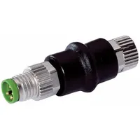 This M8 gender adapter connects a 3-pole male connector to a 4-pole female interface. It is A-coded, rated for 800V and 4A, and features an IP67-rated zinc die-cast housing with nickel finish for use in harsh environments