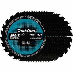 This 10-pack of 7-1/4 in diameter circular saw blades features 24 teeth with a 0.06 in kerf and a 5/8 in arbor. Designed for cutting wood, these blades are suited for general woodworking tasks such as ripping and crosscutting lumber.