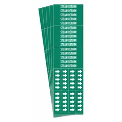 Green adhesive pipe markers with white legend text reading 'Steam Return', designed for pipes with an outside diameter of 3/4 inch and smaller. Each pack contains 3 markers with directional arrows, sold in a 5-pack quantity. Used to identify steam return lines in piping systems for visual indication of contents.