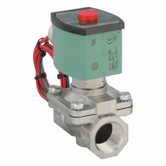 This 2-way, 2-position normally open solenoid valve has a 3/4 in pipe size and operates on 110V AC/120V AC. It features a watertight construction with an NBR seal. Typical applications include on/off control of compatible fluids in industrial fluid handling systems such as process control and water treatment.