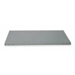 Solid steel shelf for standard metal shelving systems. Constructed from 18-gauge steel with a dark gray powder-coated finish. Each shelf measures 48 inches wide by 12 inches deep. Pack of 5 includes 20 clips for installation. Suitable for storage of boxes, tools, and parts in warehouses and industrial areas.
