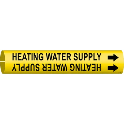BRADY Pipe Marker: Heating Water Supply, Yellow, Black, Fits 2 1/2 to 3 7/8 in Pipe O.D. - Heating Water Supply Snap-On Pipe Markers