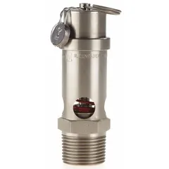 Soft seat pneumatic safety valve with 3/4 in (M)NPT inlet, preset at 225 psi. Stainless steel body and internals with Viton seal. Used for overpressure protection in pneumatic systems such as air compressors and gas handling equipment.
