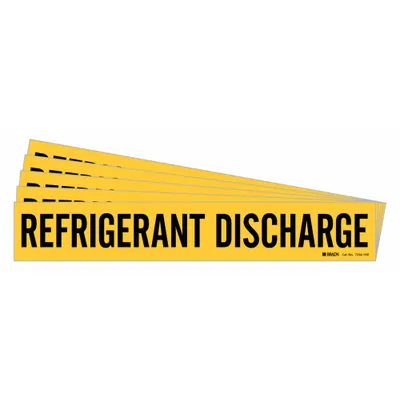 BRADY Pipe Marker: Refrigerant Discharge, Yellow, Black, Fits 8 in and Larger Pipe O.D. - Refrigerant Discharge Adhesive Pipe Markers