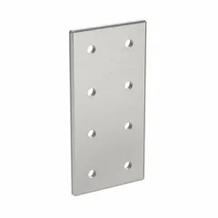 This rectangular flat plate connector is designed for joining aluminum profile sections in structural framing systems. It measures 176 mm x 86 mm x 6 mm and features 8 holes for a 10 mm slot width. Made of anodized aluminum, it provides corrosion resistance and is suitable for use in 45 Series structures.