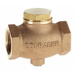 Brass inline check valve with 1-1/2 in (F)NPT female connections on both inlet and outlet. Rated for maximum pressure of 250 psi. Used in pneumatic systems to permit flow in one direction and prevent backflow.
