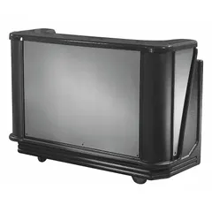 This portable bar is constructed from black polyethylene for resistance to stains and impacts. It measures 67 1/2 inches in length, 28 1/2 inches in width, and 47 1/2 inches in height. Suitable for use as a mobile workstation in catering, events, and commercial food service settings.