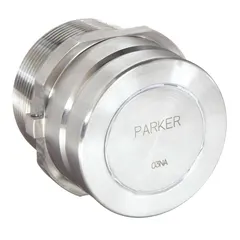 This stainless steel quick-disconnect tube fitting has a 2 in pipe size with MNPT x MNPT connections. It is used in industrial fluid systems for secure, leak-resistant connections in pneumatic, hydraulic, and process lines requiring frequent coupling and uncoupling.