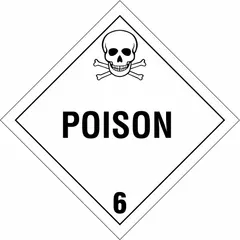 Class 6 placard for identifying containers holding toxic, poison inhalation, or infectious substances. Measures 10 3/4 in by 10 3/4 in with 'Poison 6' message. Used for hazard communication during transport and storage.