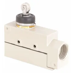 The OMRON ZE-N22-2S is a top-mount limit switch with a metallic momentary roller-plunger actuator. It features a stainless steel construction and screw terminals for wiring. This switch is used for position sensing and control in industrial automation, such as detecting object presence in machinery, conveyors, and packaging equipment.