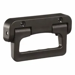 This folding pull handle is made of black plastic with an 80 mm mounting hole center-to-center distance. It accepts M6 screws for installation and is designed for use on industrial enclosures, machinery doors, and panels where a space-saving folding design is required.